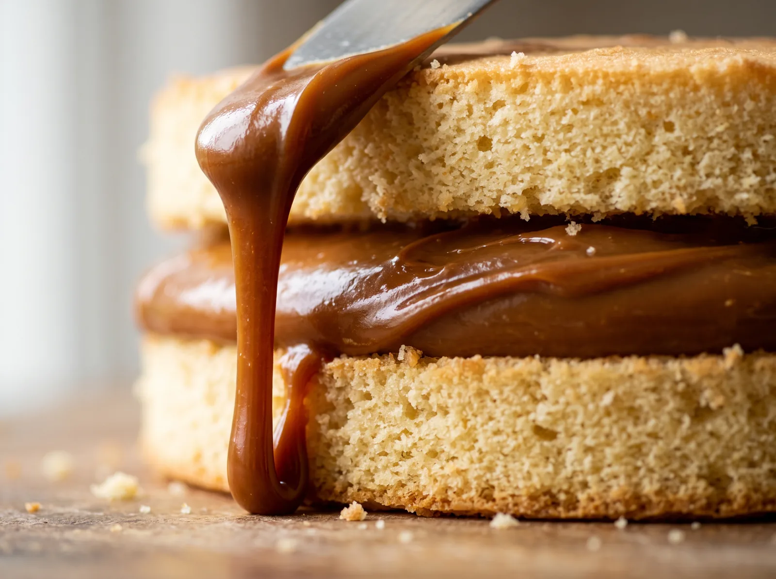 Dulce de leche espeso cayendo de una espátula / Thick dulce de leche falling from a spatula