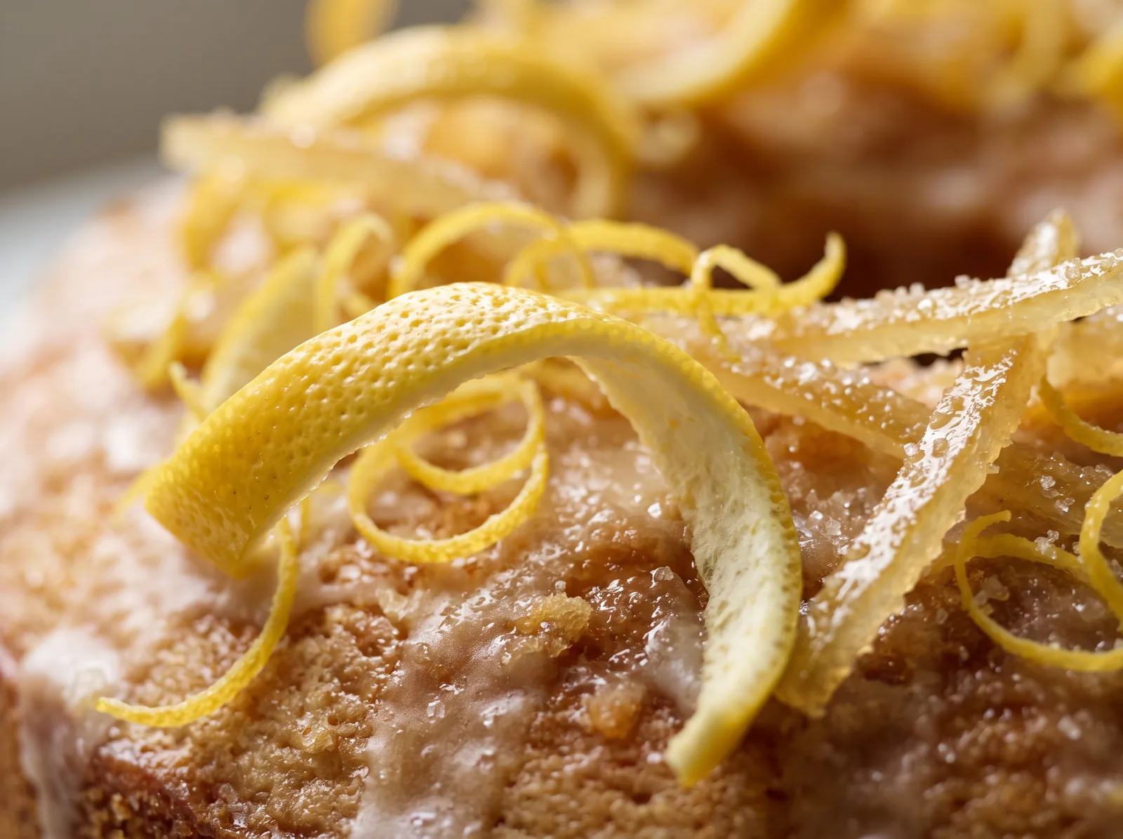 Tiras de piel de limón confitada y ralladura / Strips of candied lemon peel and zest