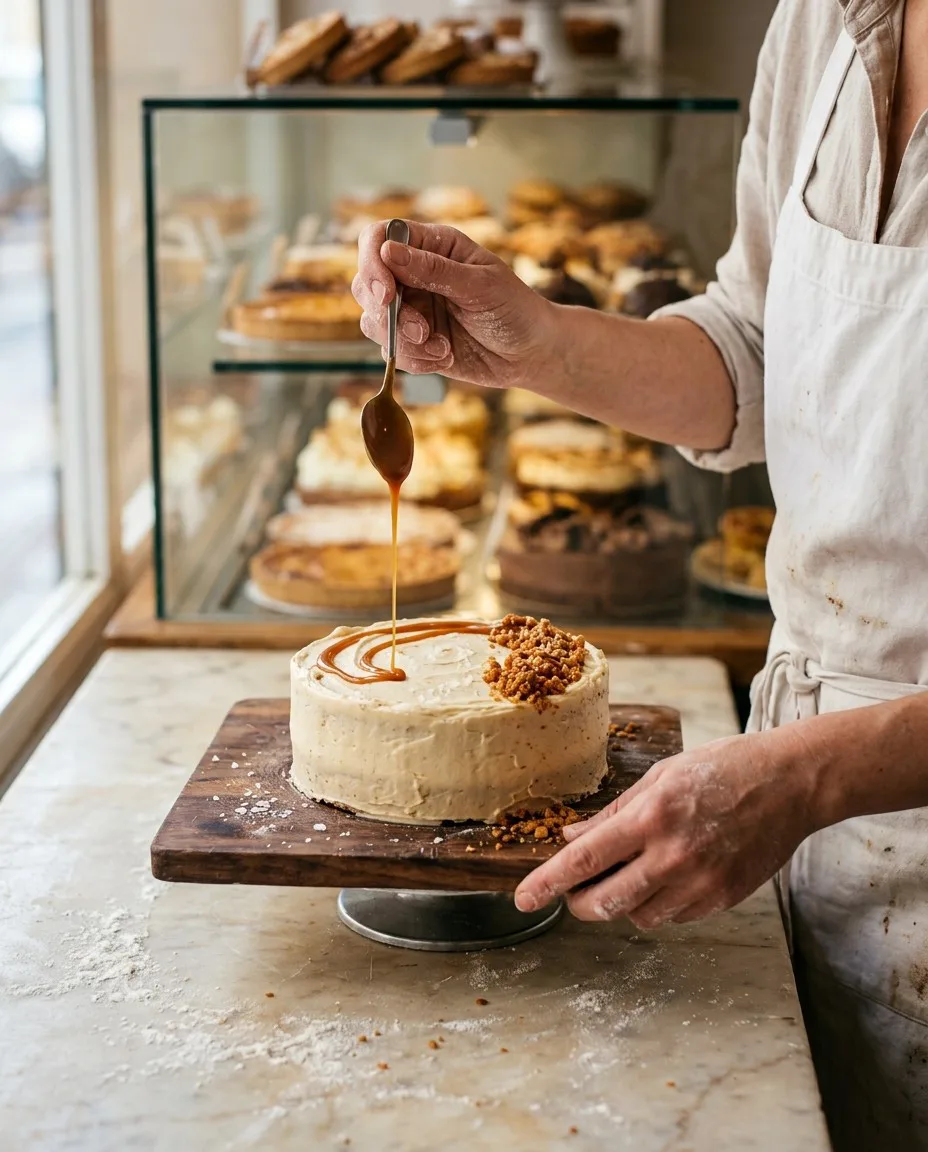 Una pastelera termina una tarta cubierta de crema dejando caer un hilo de caramelo con una cuchara, con la vitrina del mostrador detrás / A pastry chef finishes a cream-covered cake, drizzling caramel from a spoon, with the counter display case behind