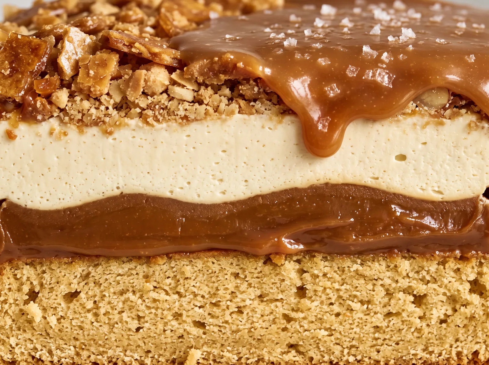 Corte de la tarta de caramelo: bizcocho, dulce de leche, crema, caramelo salado y crujiente / Cross-section of the caramel cake: sponge, dulce de leche, cream, salted caramel and crunch