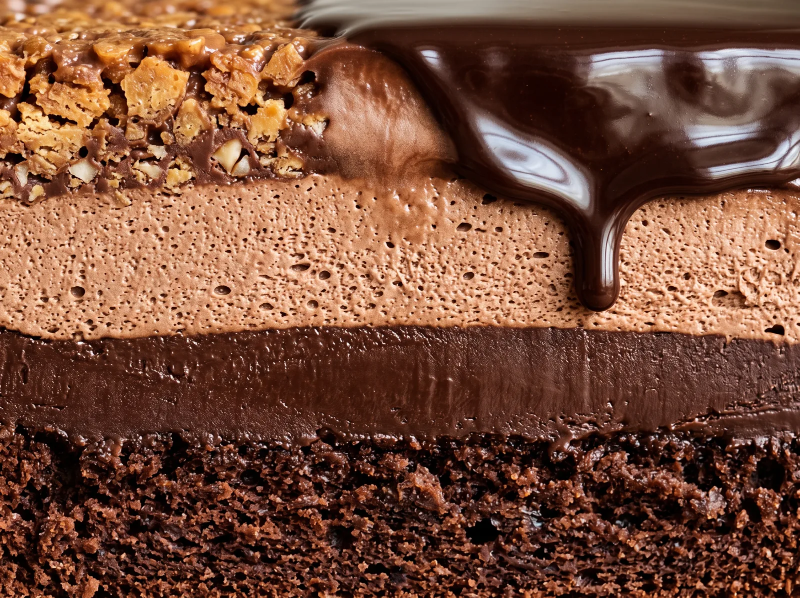 Corte de la tarta de chocolate: bizcocho, ganache, mousse, glaseado espejo y crujiente / Cross-section of the chocolate cake: sponge, ganache, mousse, mirror glaze and crunch
