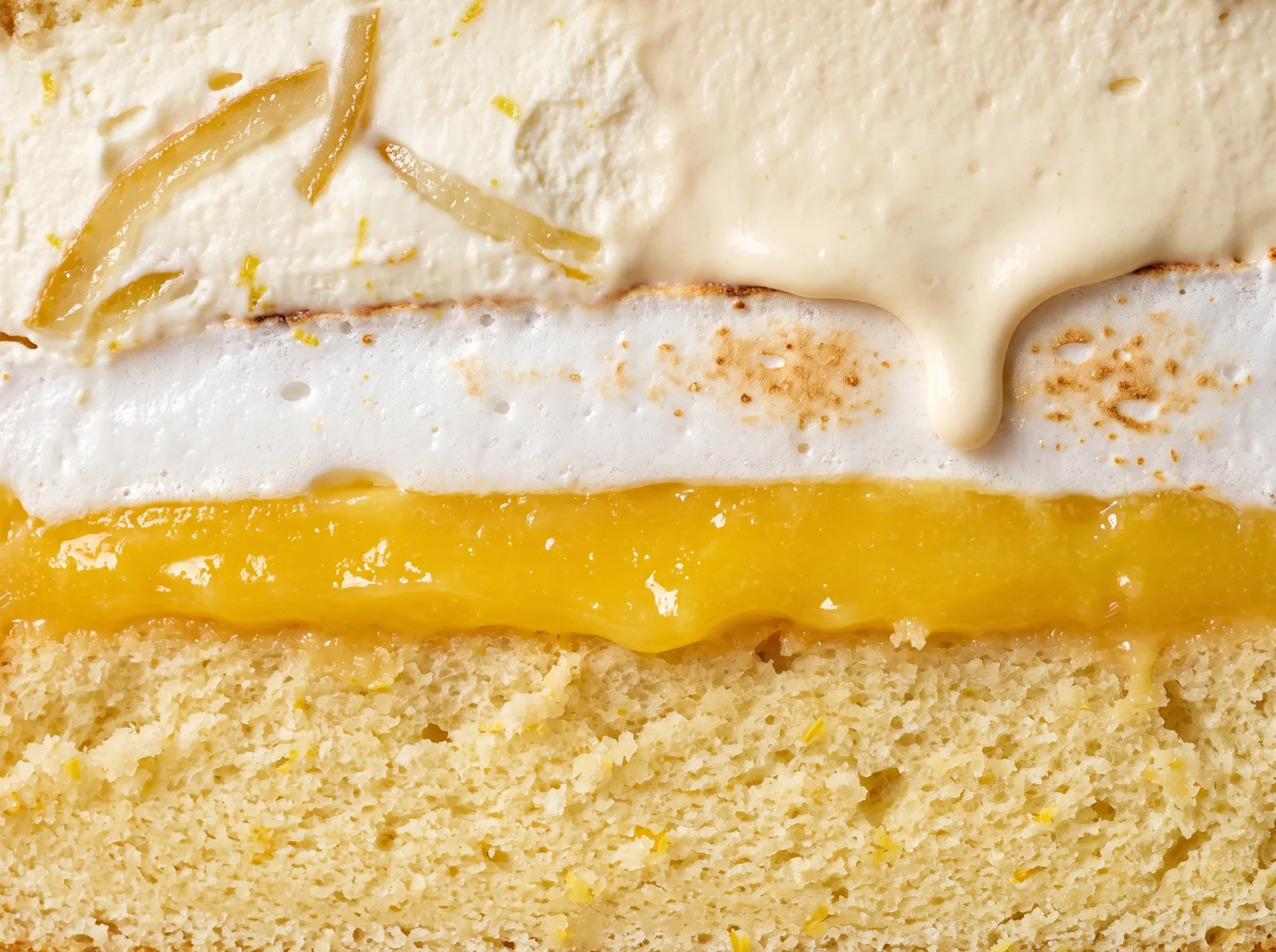 Corte de la tarta de limón: bizcocho, curd, merengue, crema y corteza confitada / Cross-section of the lemon cake: sponge, curd, meringue, cream and candied peel
