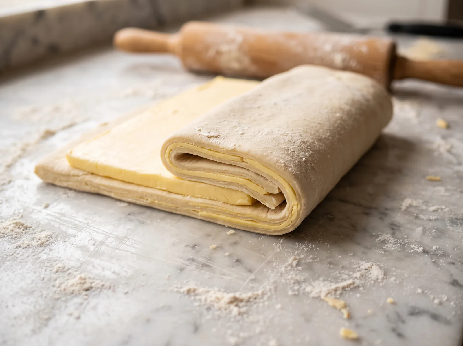 Mantequilla plegada dentro de la masa de hojaldre / Butter folded into puff pastry dough