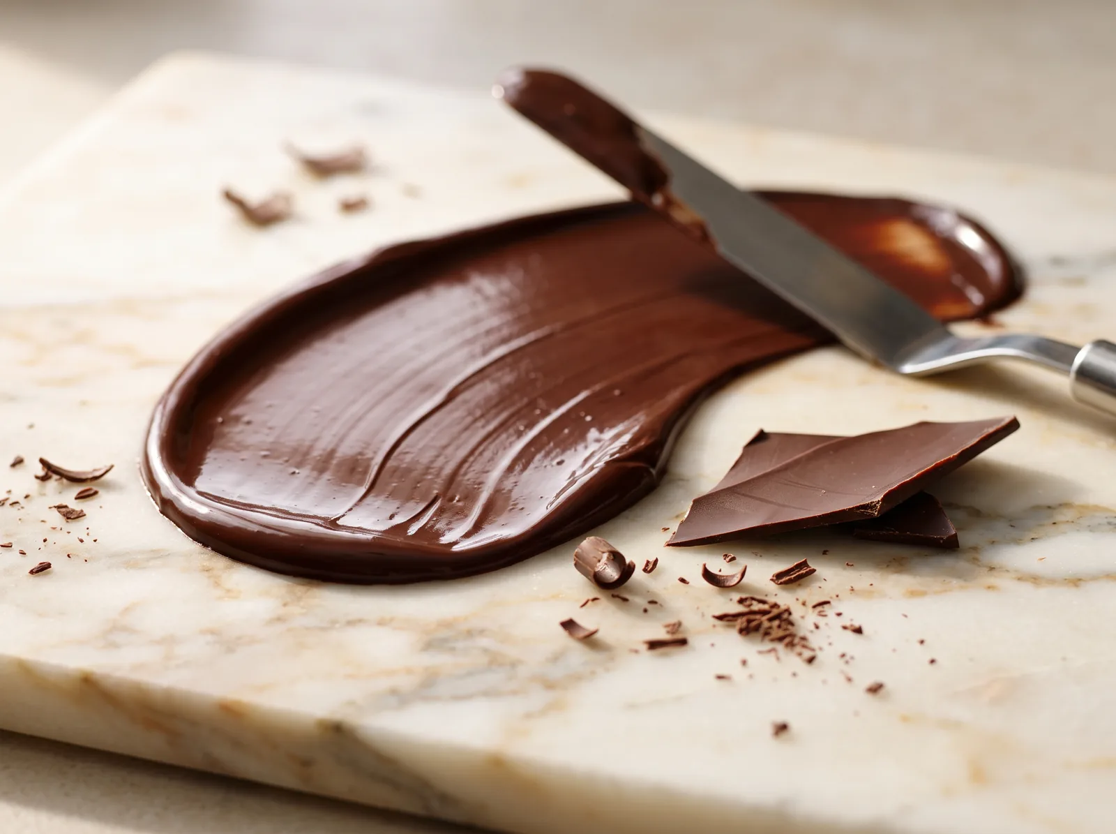 Chocolate templado extendido sobre mármol / Tempered chocolate spread on marble