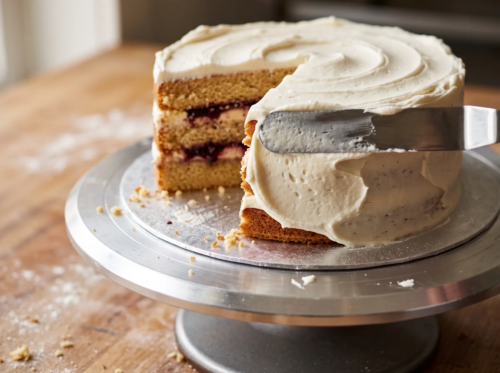 Montaje de una tarta con crema y espátula / Assembling a cake with cream and a spatula