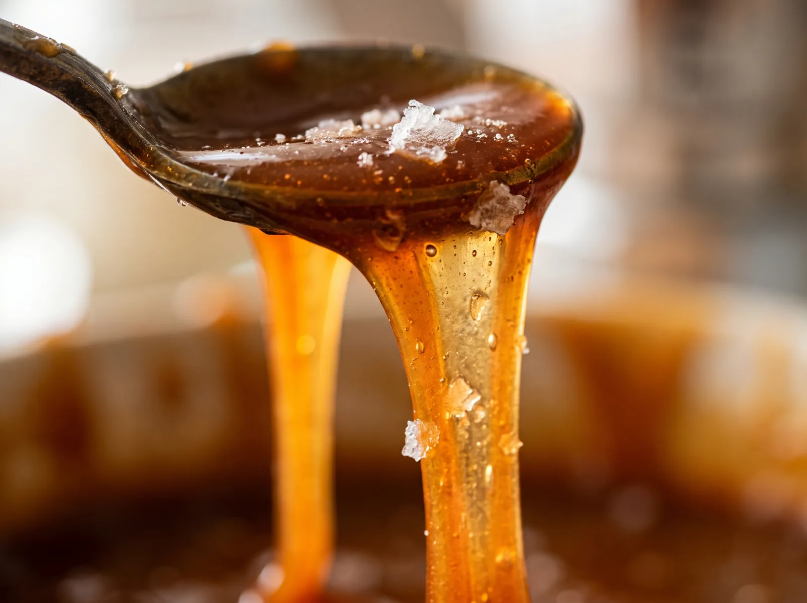 Caramelo dorado estirándose de una cuchara / Golden caramel stretching from a spoon